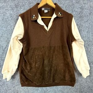 Vintage BLAST Sweater Mens Medium Beige Brown Faux Suede Hippie Retro 1/4 Zip